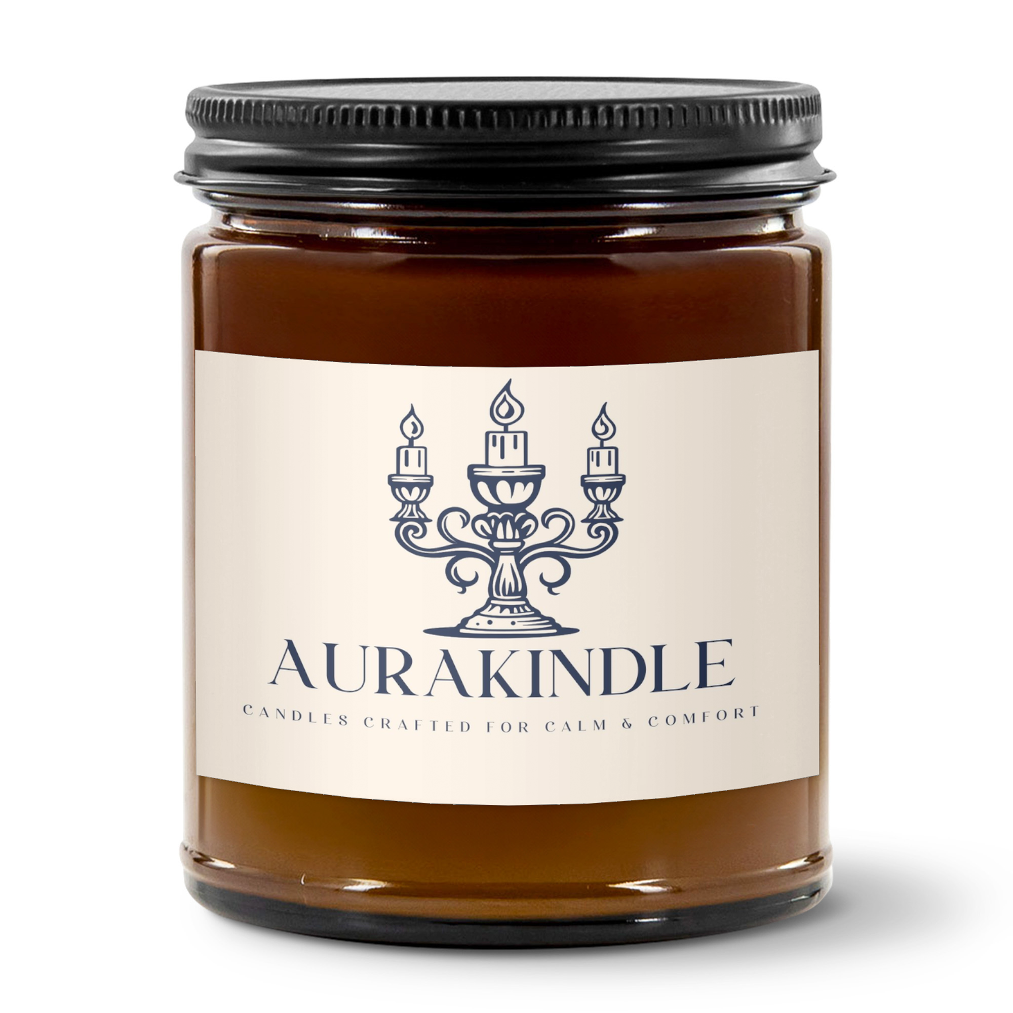 9oz Amber Jar Candle | 3"x2" White Label | Black Matte Lid